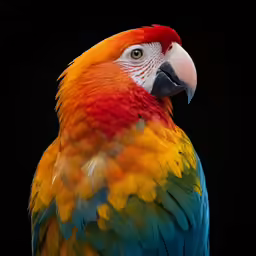a red and yellow parrot with its face cocked