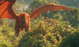 an orange colored animal with large wings spreads its wings while standing on the ground