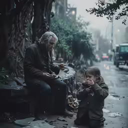 two children sit on a bench in a street