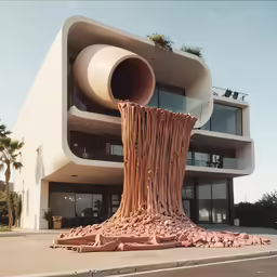 the giant object in front of a building has trees growing out of it