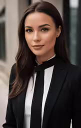 a woman with dark hair wearing a black suit
