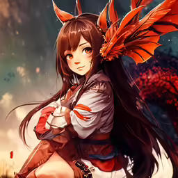 anime girl with a demon tail and white blouse with red wings sitting down