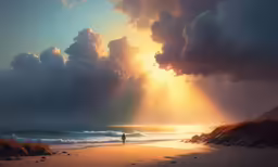 a painting of a man walking along the ocean