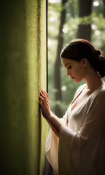 a woman stands behind a green curtain looking out at the woods