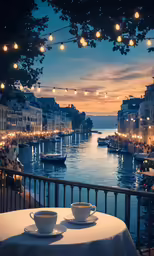 two cups sit on a table near a railing by a river