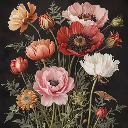 a still life image shows a flower arrangement in a glass vase
