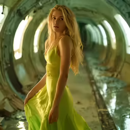 a woman in a green dress walks into the tunnel