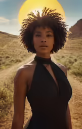 a young woman in a dress is standing in front of a yellow ball