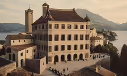 some people are walking around an old building