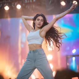 a woman standing in front of a crowd holding her arms out