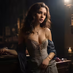 a lady in a gown is standing in a dark room