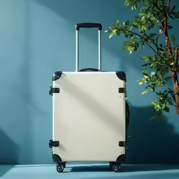 an empty piece of luggage next to a plant