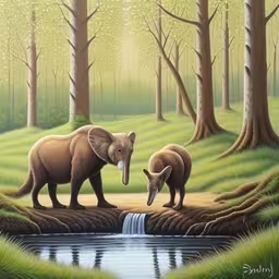 a painting of an elephant and its baby,two small animals stand by the river with trees in the background,a painting of elephants drinking water in the woods,painting of two elephants next to a stream and some trees,a painting of two animals in the woods next to water