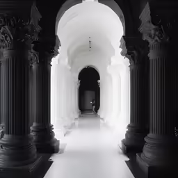 white hallway with columns and pillars on either side
