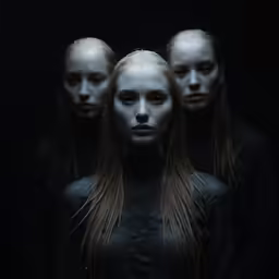 the faceless woman in front of three identical looking woman