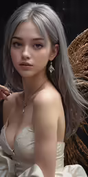 an asian woman in white dress and necklace posing for a photo