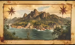 painting with tropical landscape in foreground