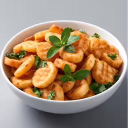 a white bowl full of fried nuggies with sprigs