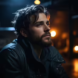 a man with blue eyes sitting in a dimly lit room