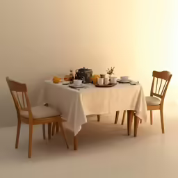 a table with white cloths is set next to two chairs