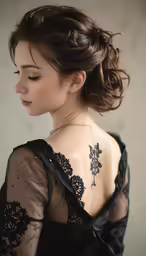 an updo with curls and laces on her back