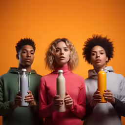 three people stand with different types of bottles