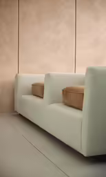 this white couch has two beige pillows on it