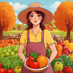 a painting of a woman holding a plate of tomatoes and tomatoes,a cartoon character holding a bowl of tomatoes and oranges