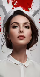woman in white shirt standing in front of a bloody background