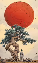 a person standing near a tree and an orange sphere