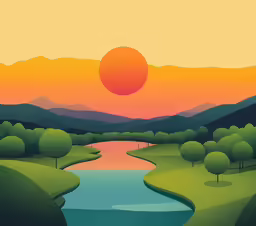 a colorful, green landscape with mountains and a river