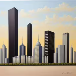 painting with cityscape in background by the water,this painting shows a city and it is by itself