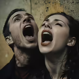 two people with open mouths looking up at one another
