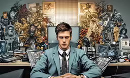 man in suit and tie sitting at desk with laptop and several other electronic devices