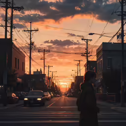 an orange and yellow sunset is seen over an empty city