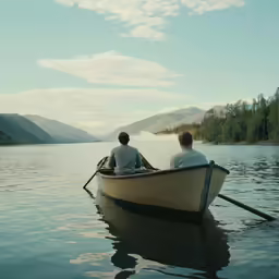 two people in a row boat on a lake