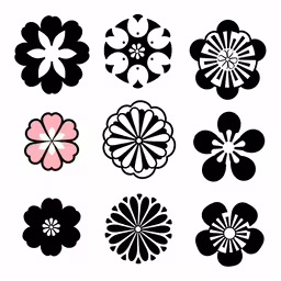 flowers that look like they have just been cut out,six black and pink flowers are on white