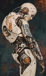 a robot woman is posing and wearing a helmet