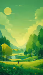 a painting of someone walking on a path near the forest,an animated green landscape, with the sun setting