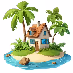 a cartoon house with a brown roof on a small island in the ocean