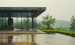 an empty outdoor dining area in the rain