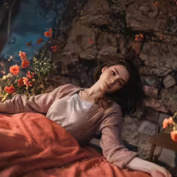 a beautiful young lady laying down in a bed