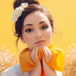 a young asian woman posing in a white and orange dress