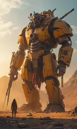 an orange and yellow robot like robot standing on top of a desert