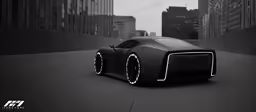 a car in an empty city street with skyscrapers