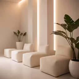 white chairs sitting in a row with green plants