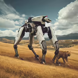 this is an animated rendering of a giant robot and a dog