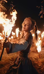 a girl wearing a brown and gold dress holding a stick and some fire