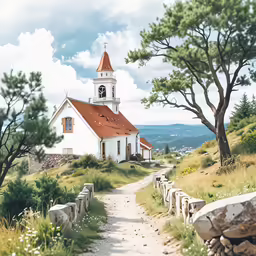 a small church on a hill with a field surrounding it