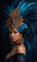 a woman in a fancy costume is looking at the camera